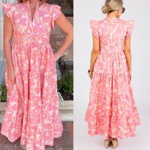 Talulah Palm Leaf Floral Cotton Poplin Tiered Maxi Dress Boho Preppy NWOT